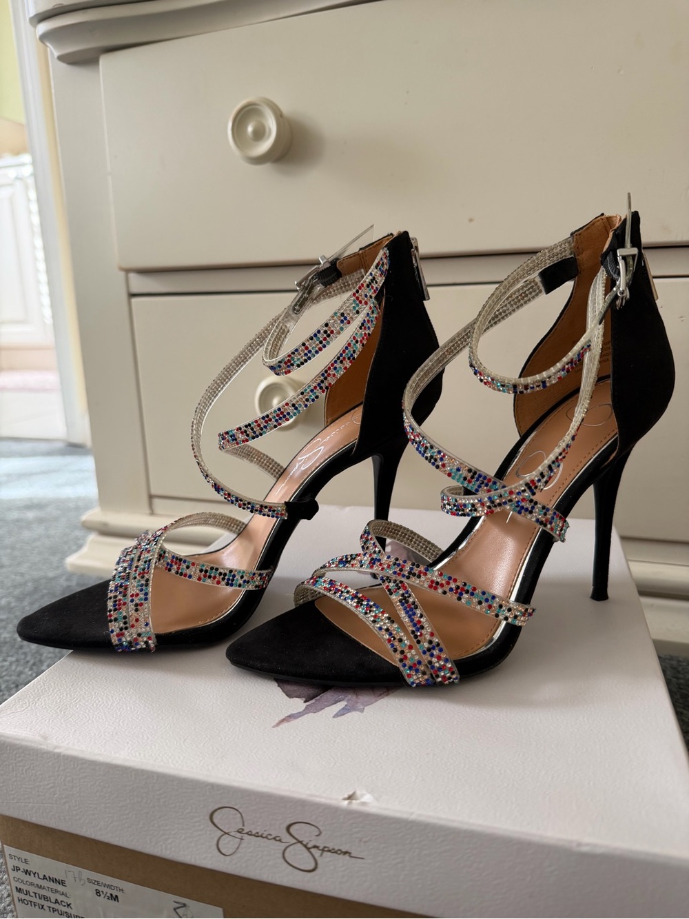 Jessica Simpson Black Multicolor Crystal Strappy Black High Heels